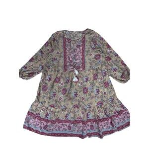 Boutique Paisley A-line Dress Pink Bubble Sleeve tiered Dress Womens Sz XL Boho
